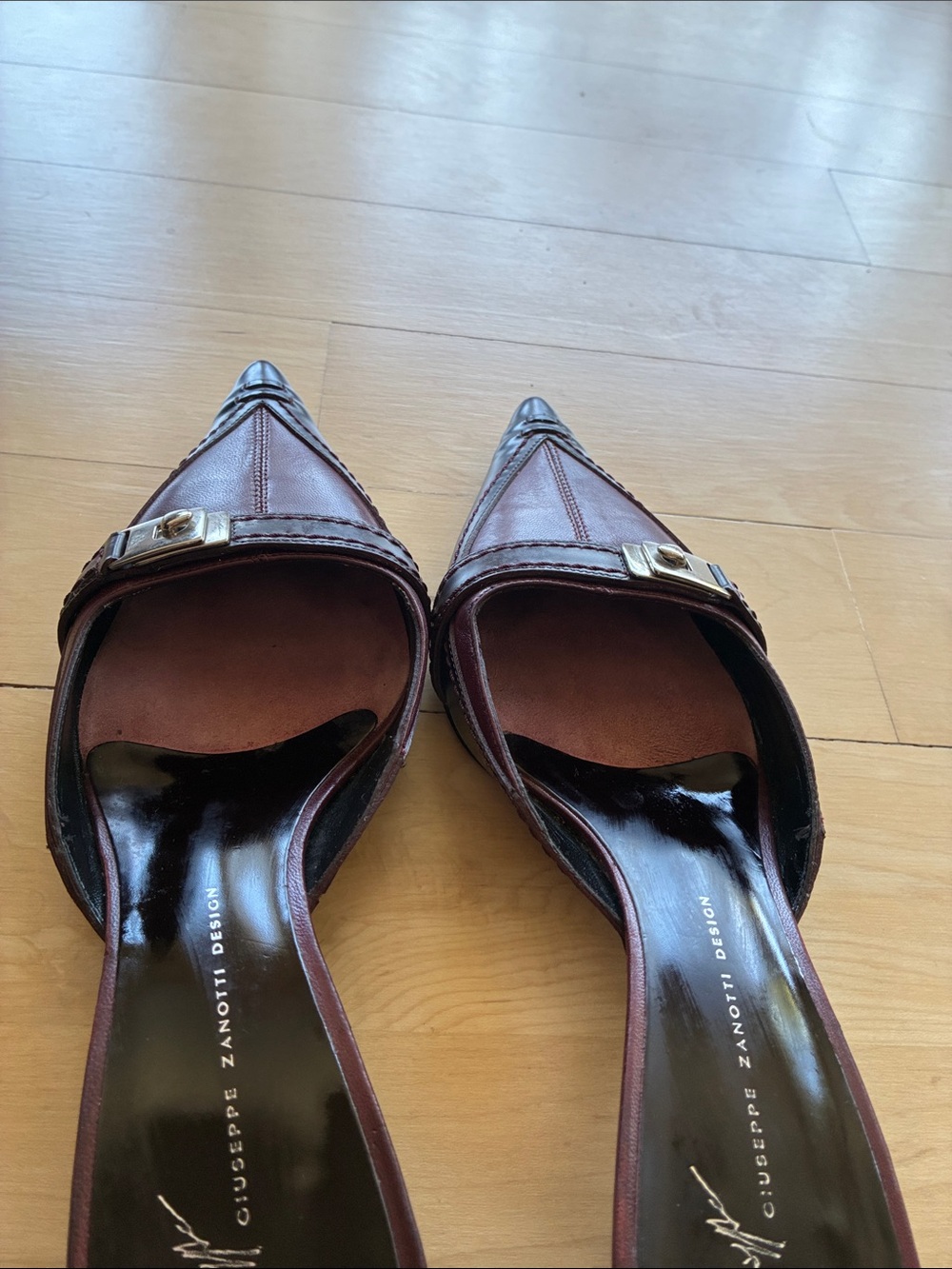 Vintage Giuseppe Zanotti Burgundy Pointed Leather Slip-On Mules/Kitten Heels - Picture 12 of 16
